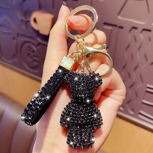 Black Rhinestone Bear Keychain with Gold Accent